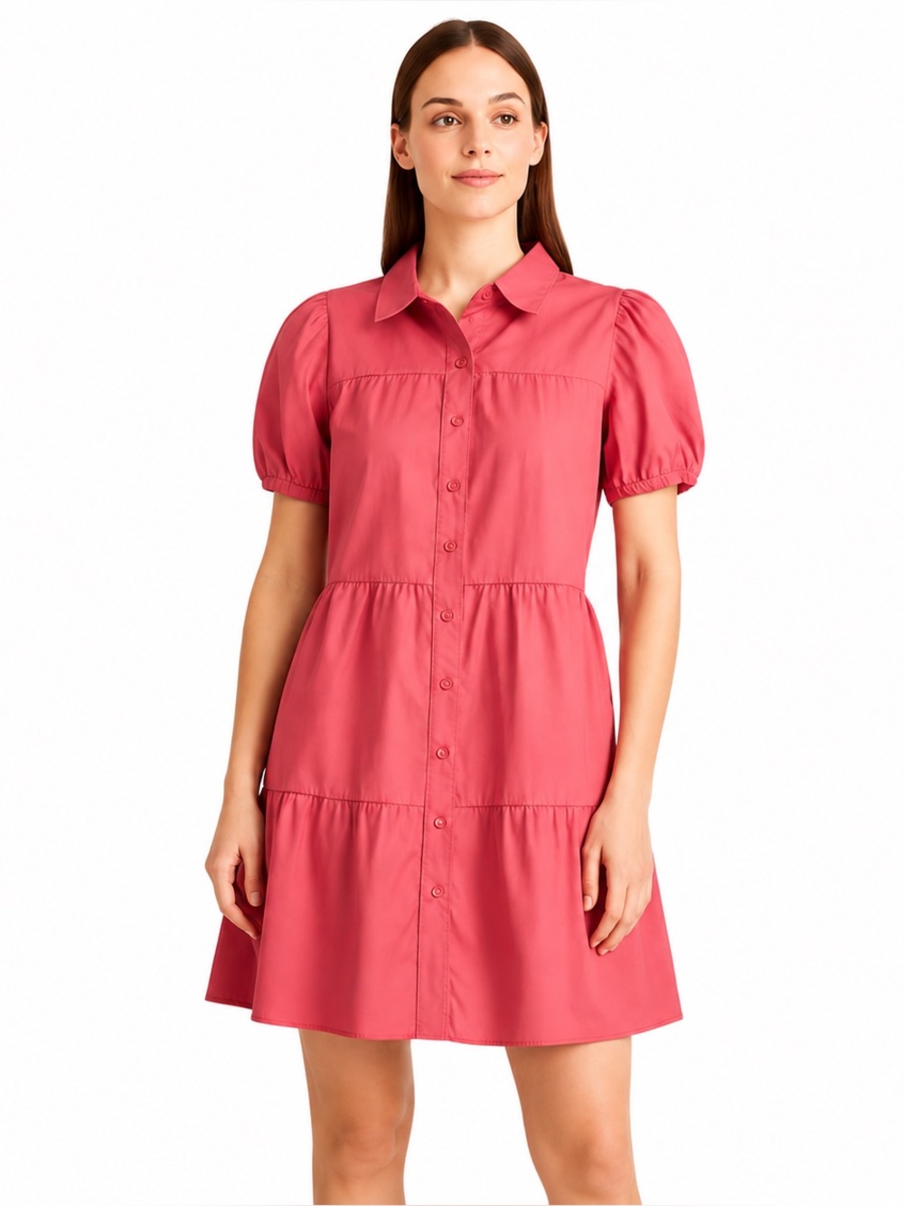 Compania Fantastica Pink Puff Sleeve Tiered Button Front Dress Size Small